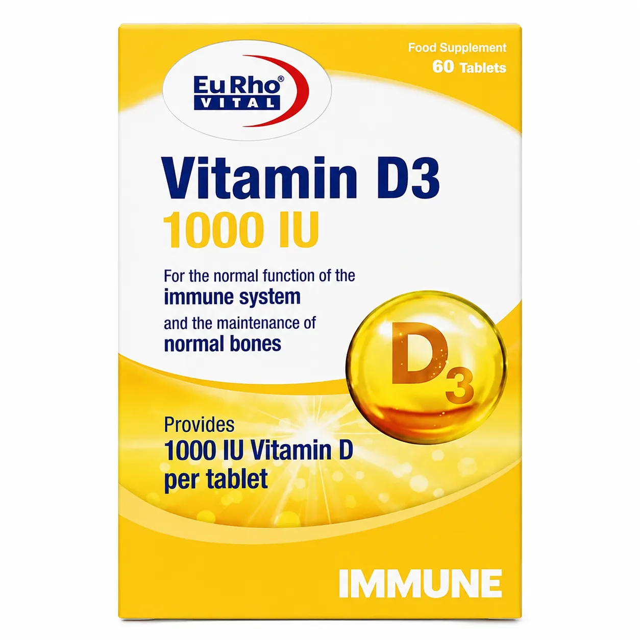 بسته قرص ویتامین D3 1000 یوروویتال ۶۰ عددی آلمان؛ مکمل تقویت سیستم ایمنی و تراکم استخوان