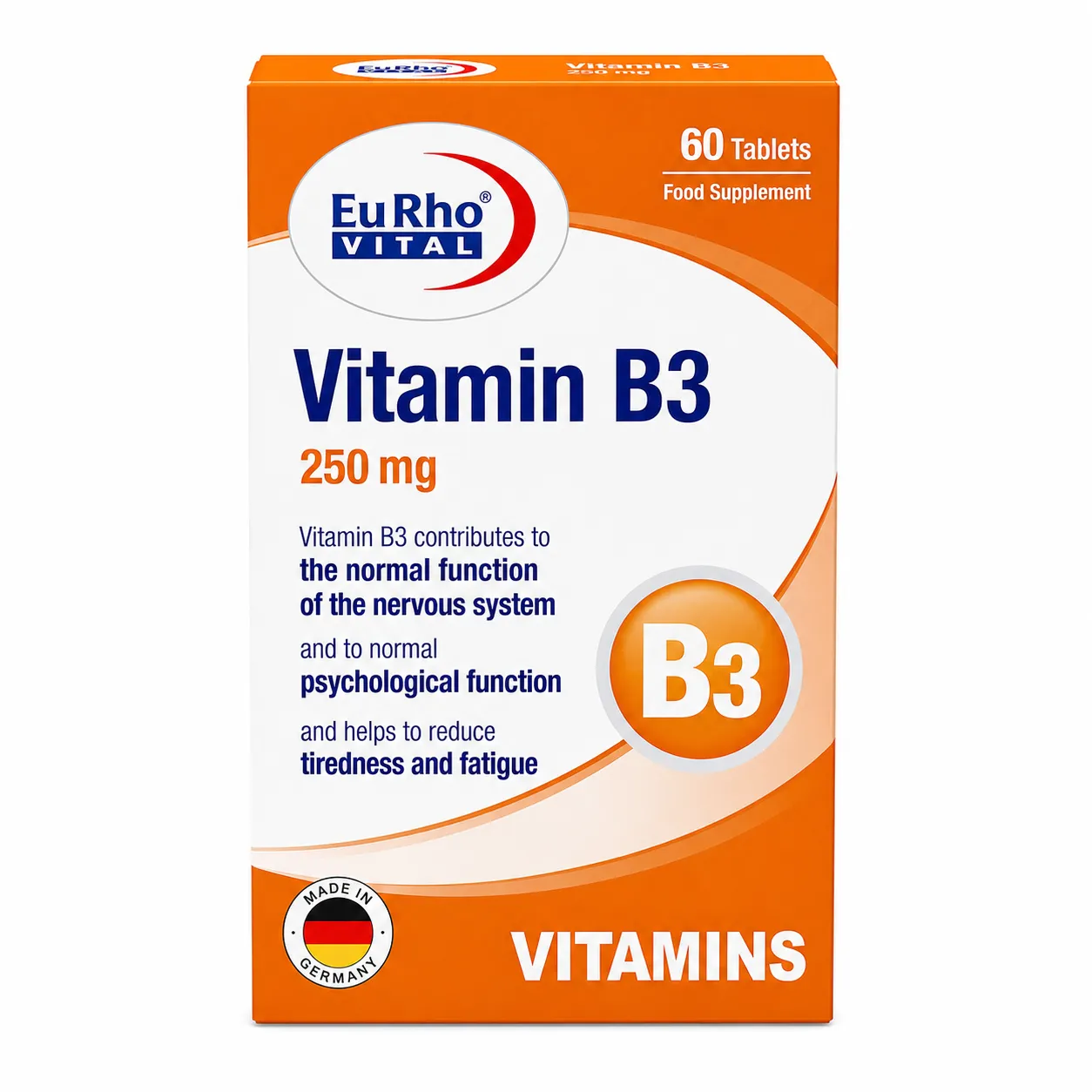 جعبه قرص ویتامین B3 یوروویتال ۶۰ عددی آلمانی؛ مکمل تقویت متابولیسم انرژی و سلامت پوست